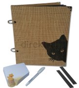 KEDİ TEMALI JÜT KUMAŞ KAPAKLI ANI DEFTERİ ALBÜM SİYAH YAPRAKLI