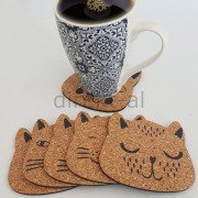 KEDİ TEMALI MANTAR BARDAK ALTLIĞI KAYMAZ TABANLI  6 ADET