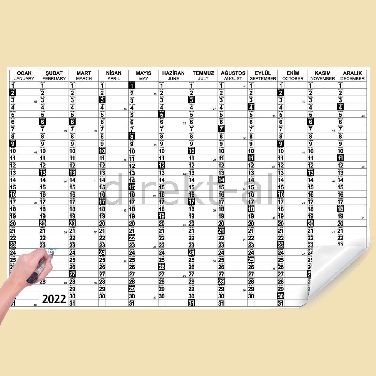 2022 YILLIK PLANLAYICI, YAZILIP SİLİNEN YAPIŞKANLI PANO 60X90 CM.
