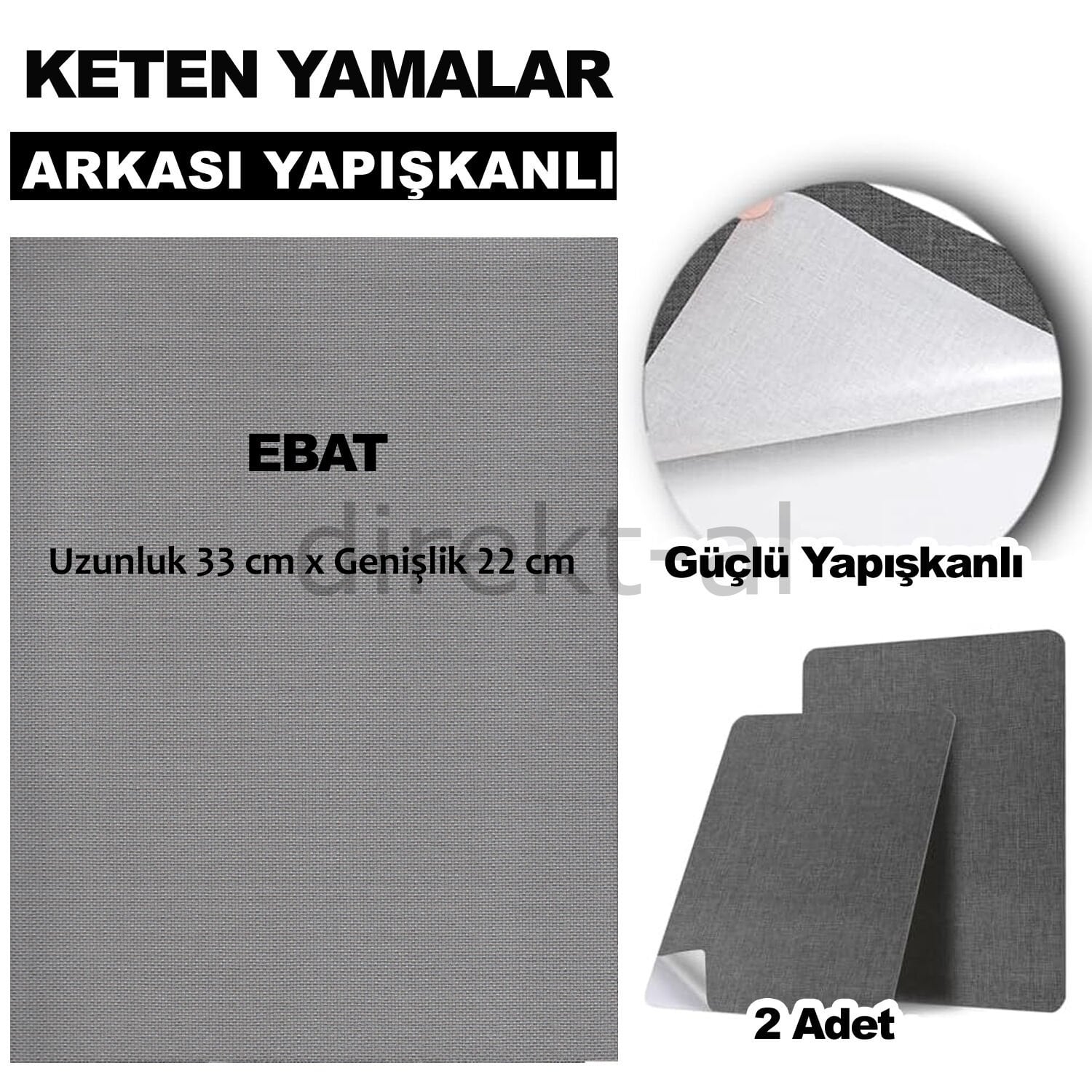 Keten Kumaş Tamir Yamaları Arkası Yapışkanlı 22 x 33 cm. Renk Seçenekli 2 adet Gri