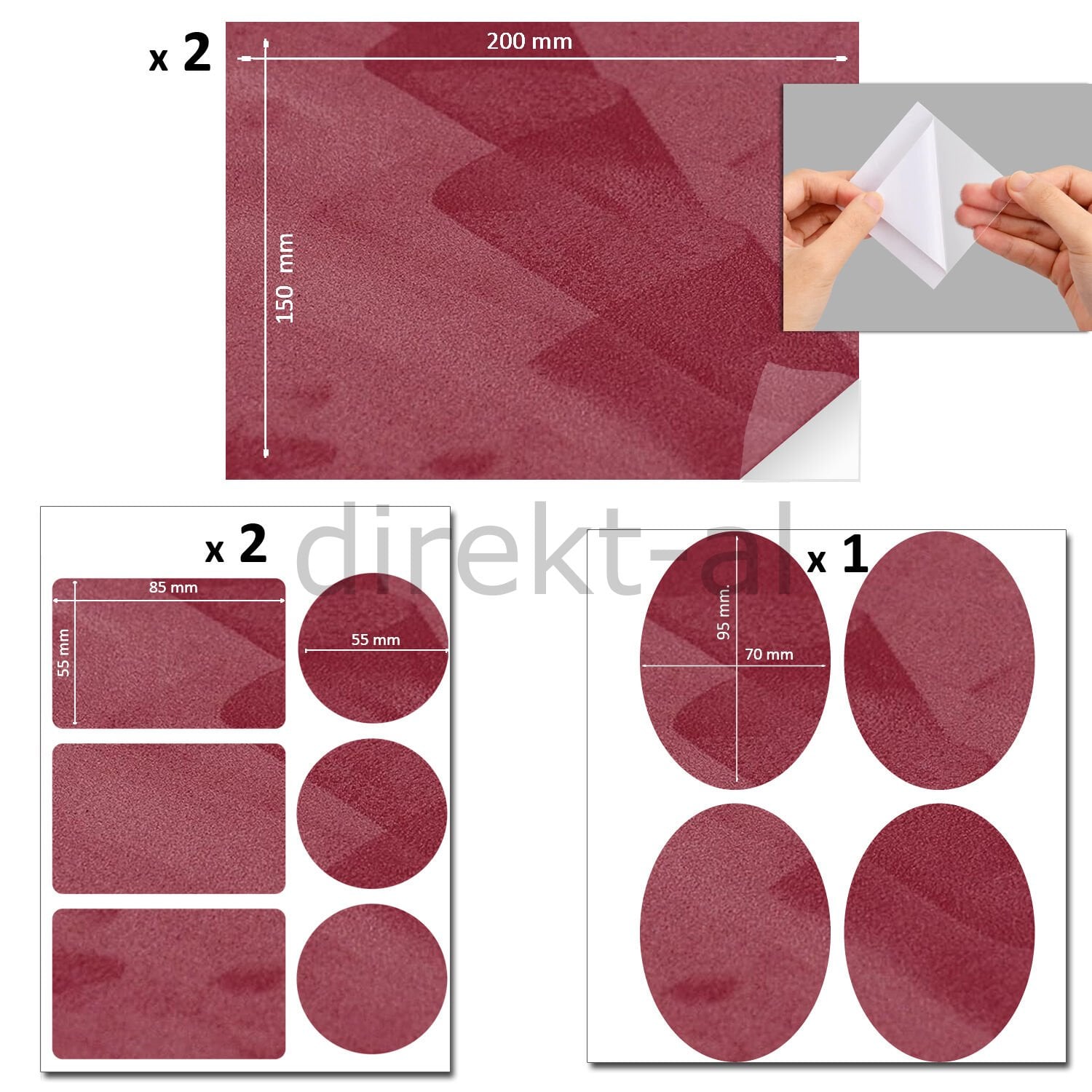 Yapışkanlı Alkantara Nubuk Deri Tipi Kumaş Tamir Yama Seti 3 Set 18 Parça Bordo