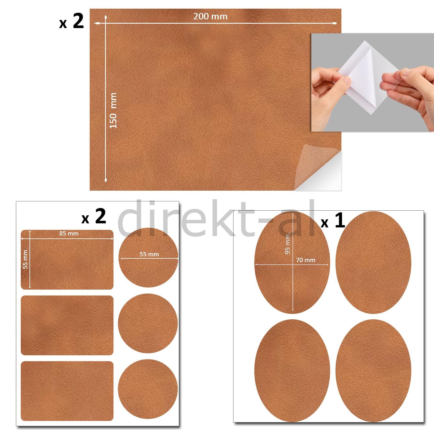 Yapışkanlı Alkantara Nubuk Deri Tipi Kumaş Tamir Yama Seti 3 Set 18 Parça Taba