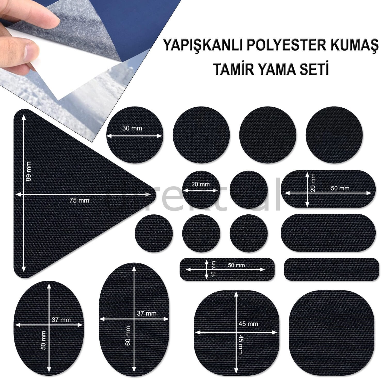 Yapışkanlı Polyester Kumaş Mont Çadır Şemsiye Tamir Yaması 19 Adet Siyah