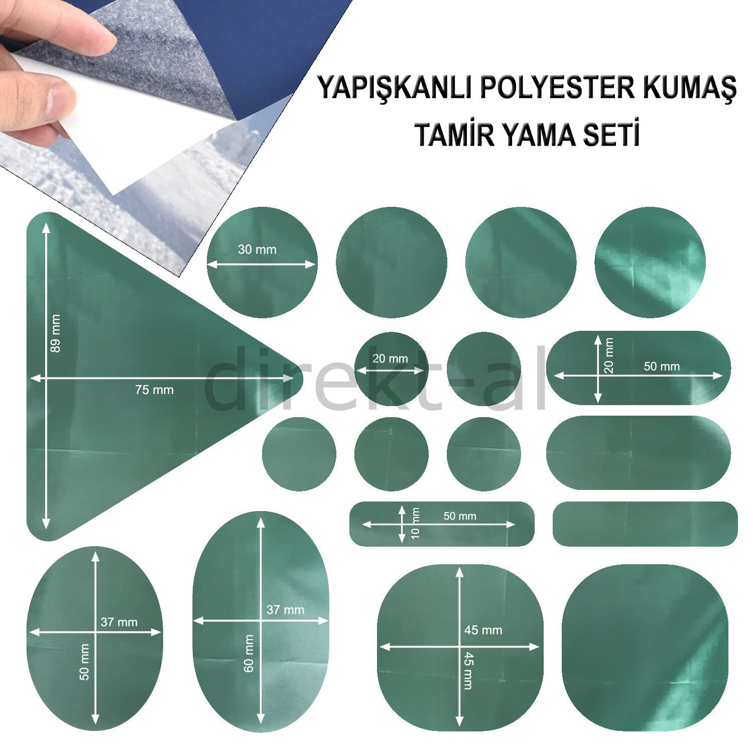 Yapışkanlı Polyester Kumaş Mont Çadır Şemsiye Tamir Yaması 19 Adet Yeşil