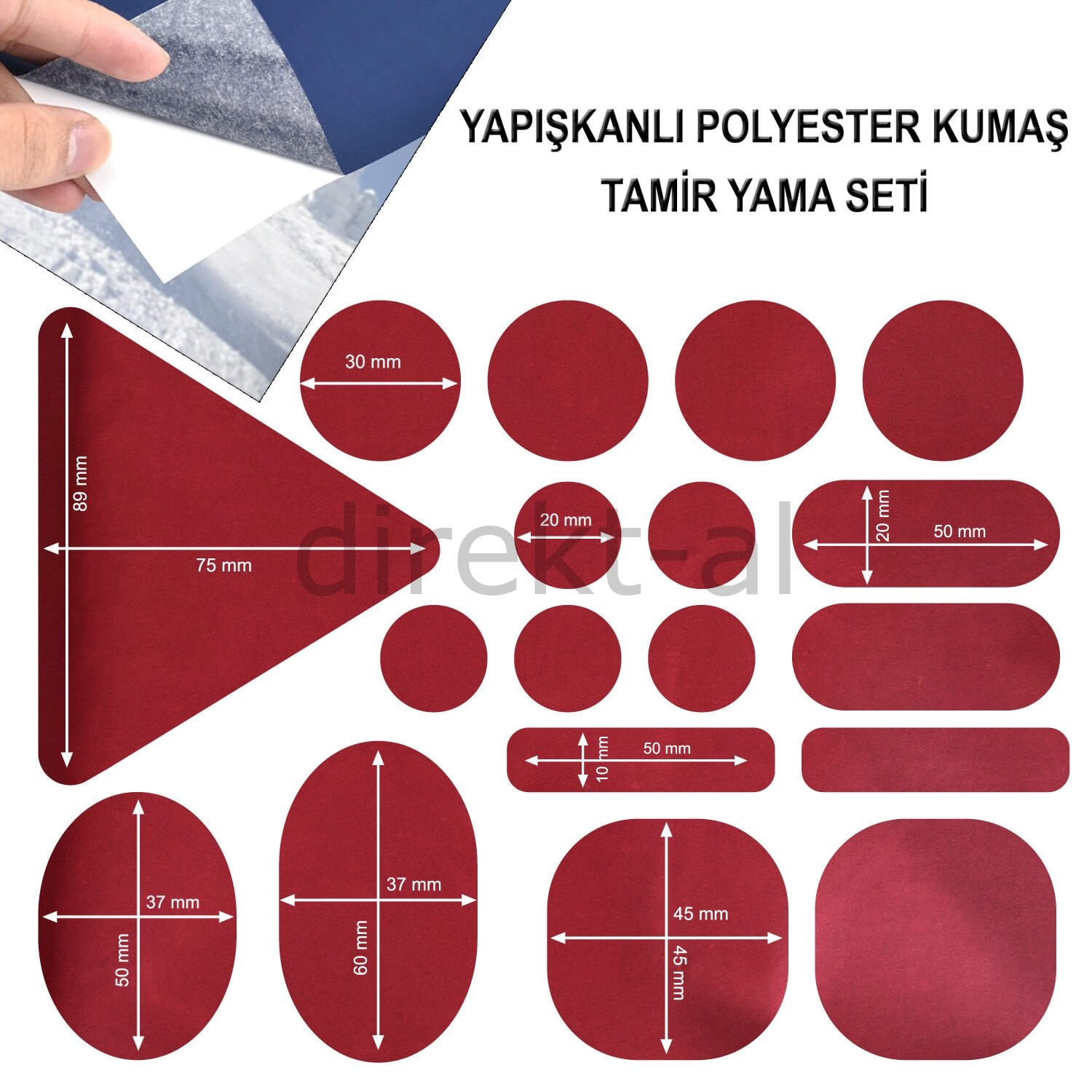 Yapışkanlı Polyester Kumaş Mont Çadır Şemsiye Tamir Yaması 19 Adet Bordo