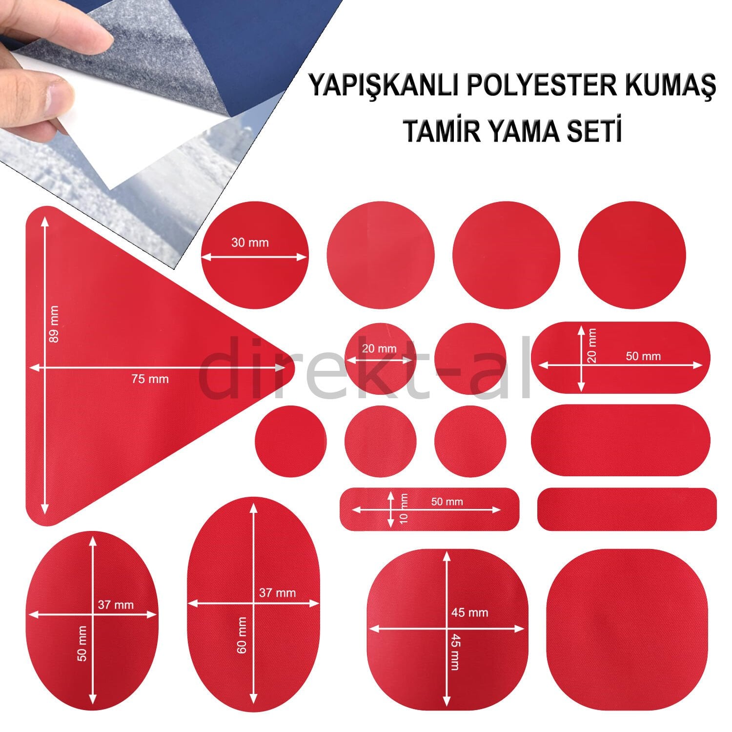 Yapışkanlı Polyester Kumaş Mont Çadır Şemsiye Tamir Yaması 19 Adet Kırmızı