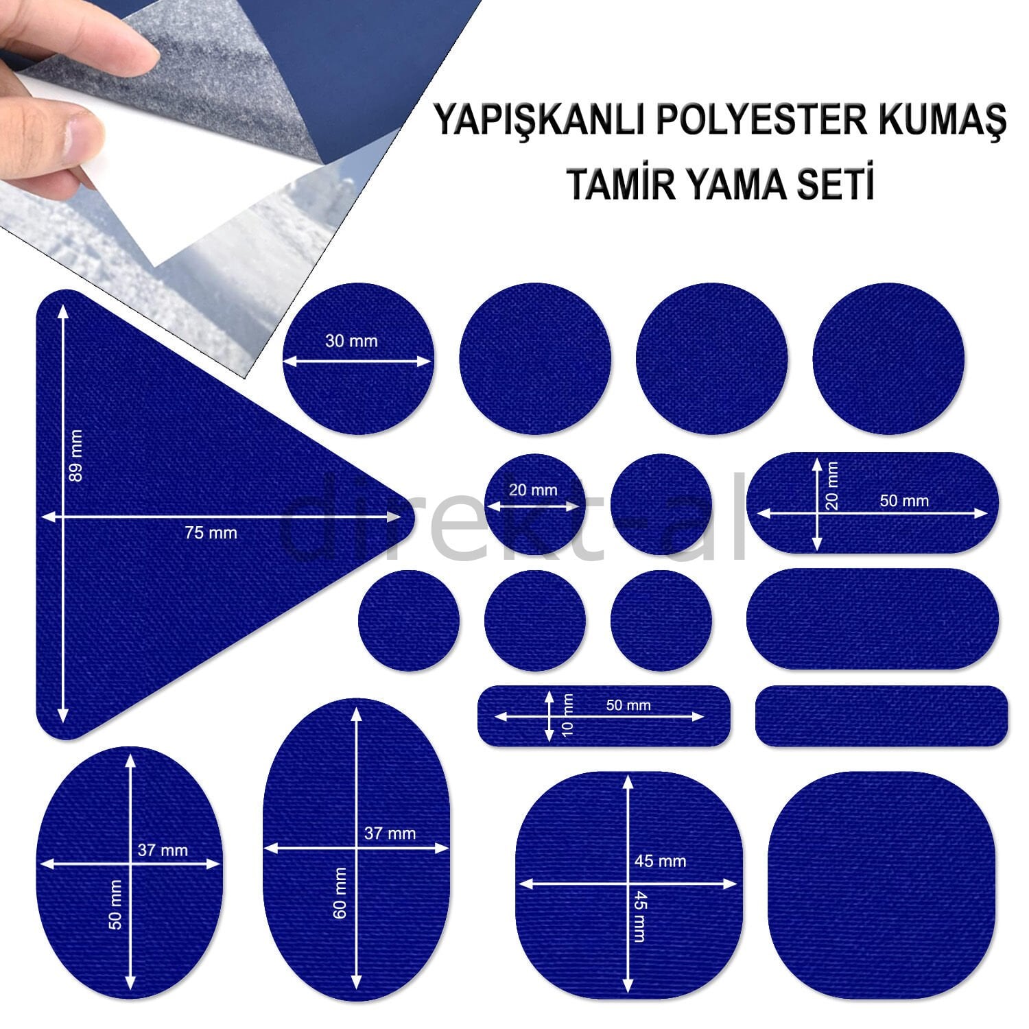 Yapışkanlı Polyester Kumaş Mont Çadır Şemsiye Tamir Yaması 19 Adet Lacivert