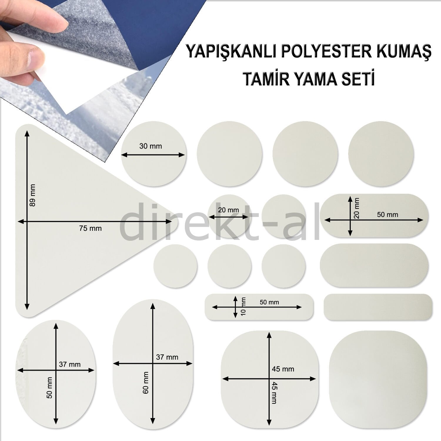 Yapışkanlı Polyester Kumaş Mont Çadır Şemsiye Tamir Yaması 19 Adet Krem