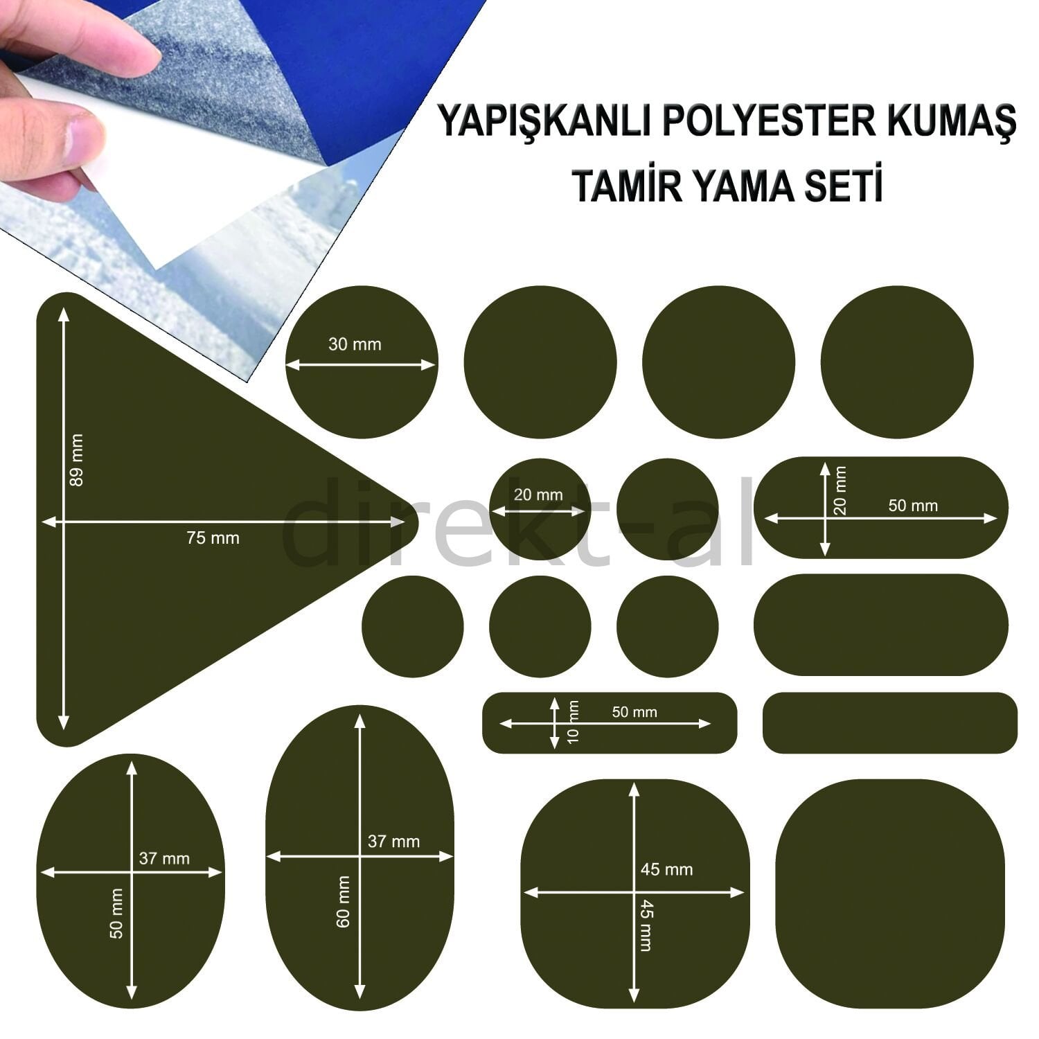 Yapışkanlı Polyester Kumaş Mont Çadır Şemsiye Tamir Yaması 19 Adet Haki