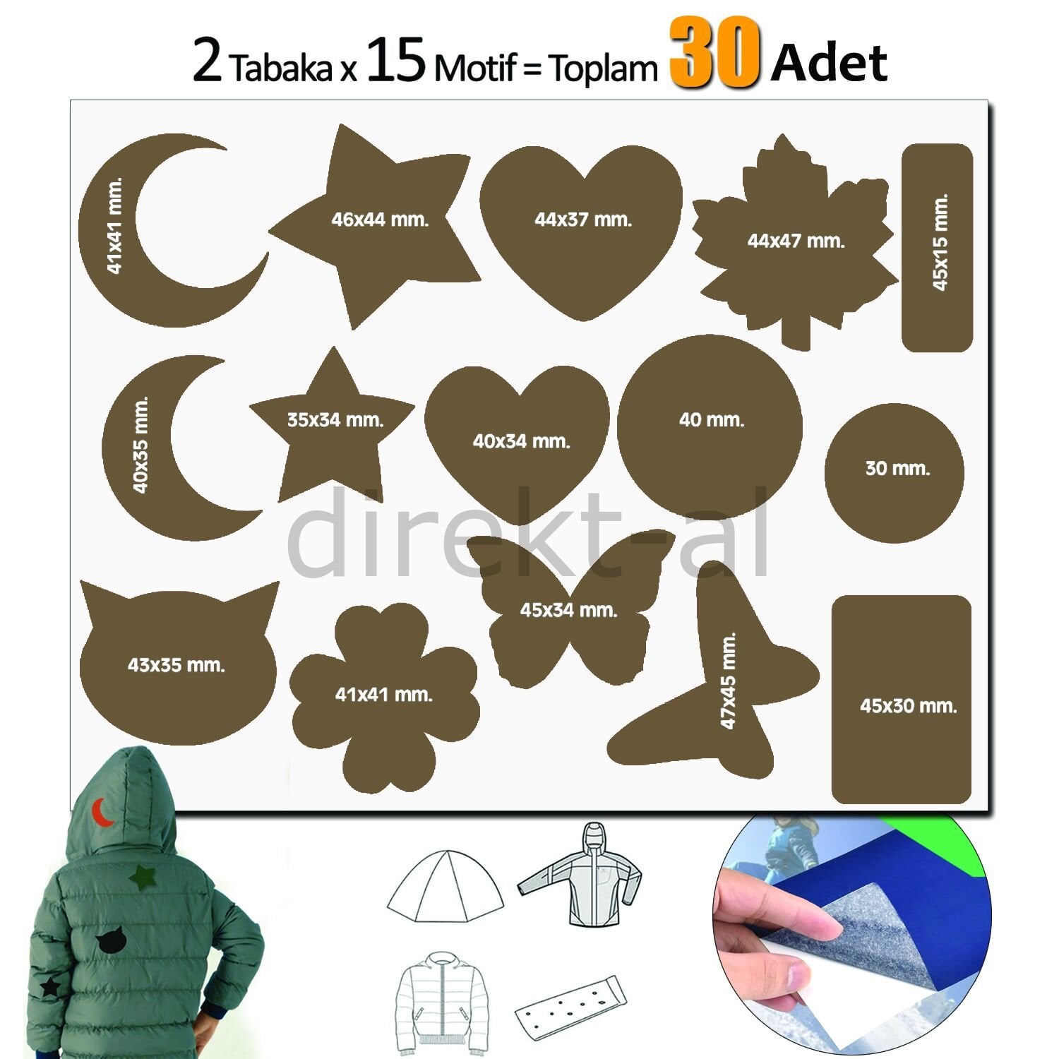 Yapışkanlı Polyester Kumaş Çeşitli Şekillde 30 adet Mont Şemsiye Aksesuar Yama Kahverengi
