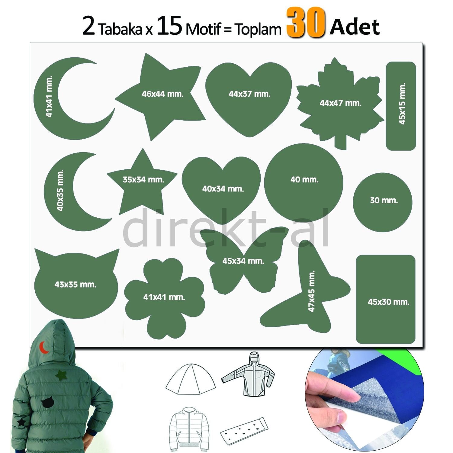 Yapışkanlı Polyester Kumaş Çeşitli Şekillde 30 adet Mont Şemsiye Aksesuar Yama Yeşil