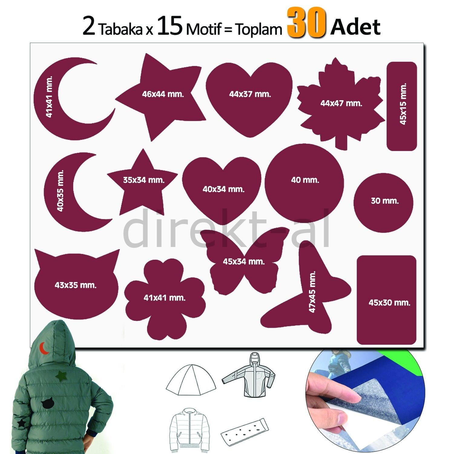 Yapışkanlı Polyester Kumaş Çeşitli Şekillde 30 adet Mont Şemsiye Aksesuar Yama Bordo