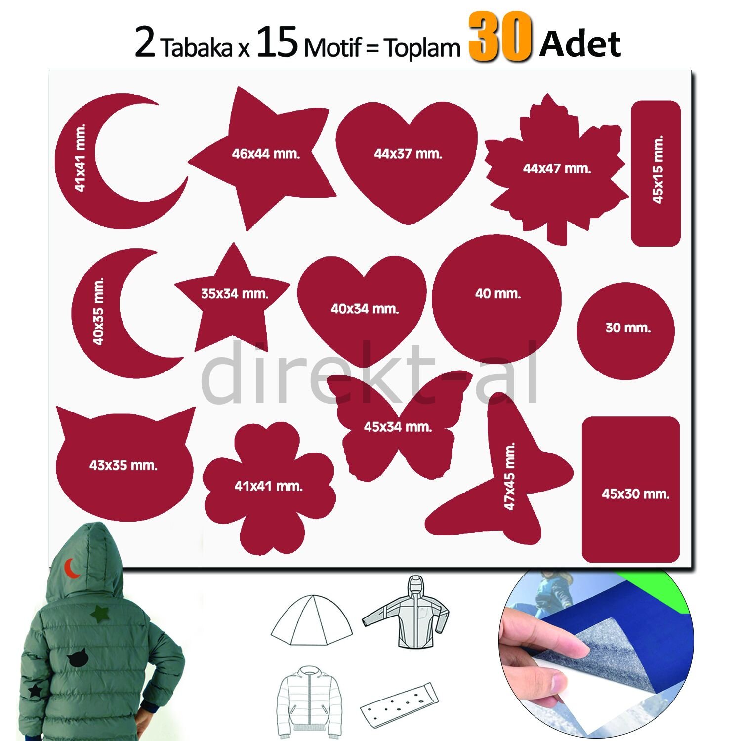 Yapışkanlı Polyester Kumaş Çeşitli Şekillde 30 adet Mont Şemsiye Aksesuar Yama Kırmızı