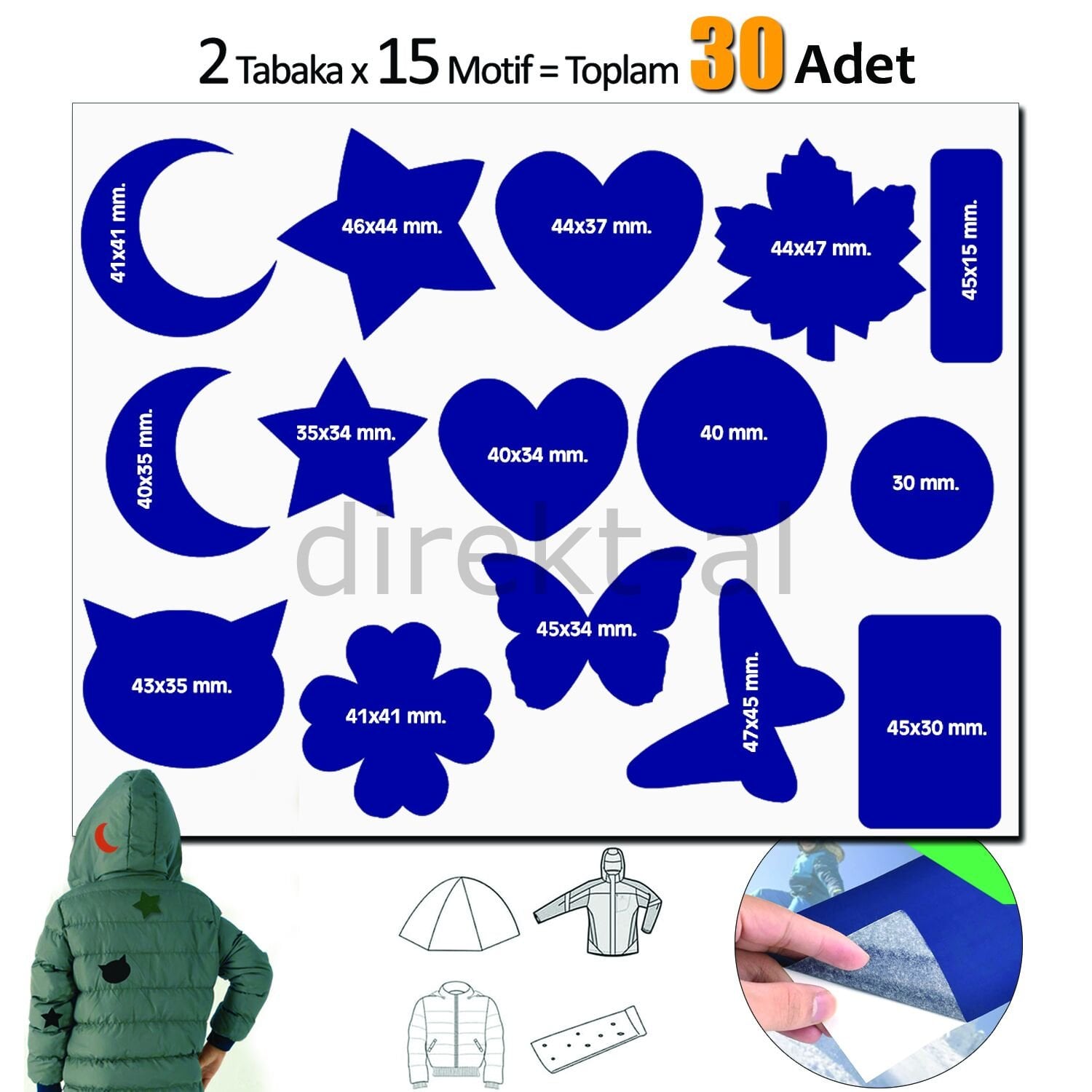 Yapışkanlı Polyester Kumaş Çeşitli Şekillde 30 adet Mont Şemsiye Aksesuar Yama Lacivert