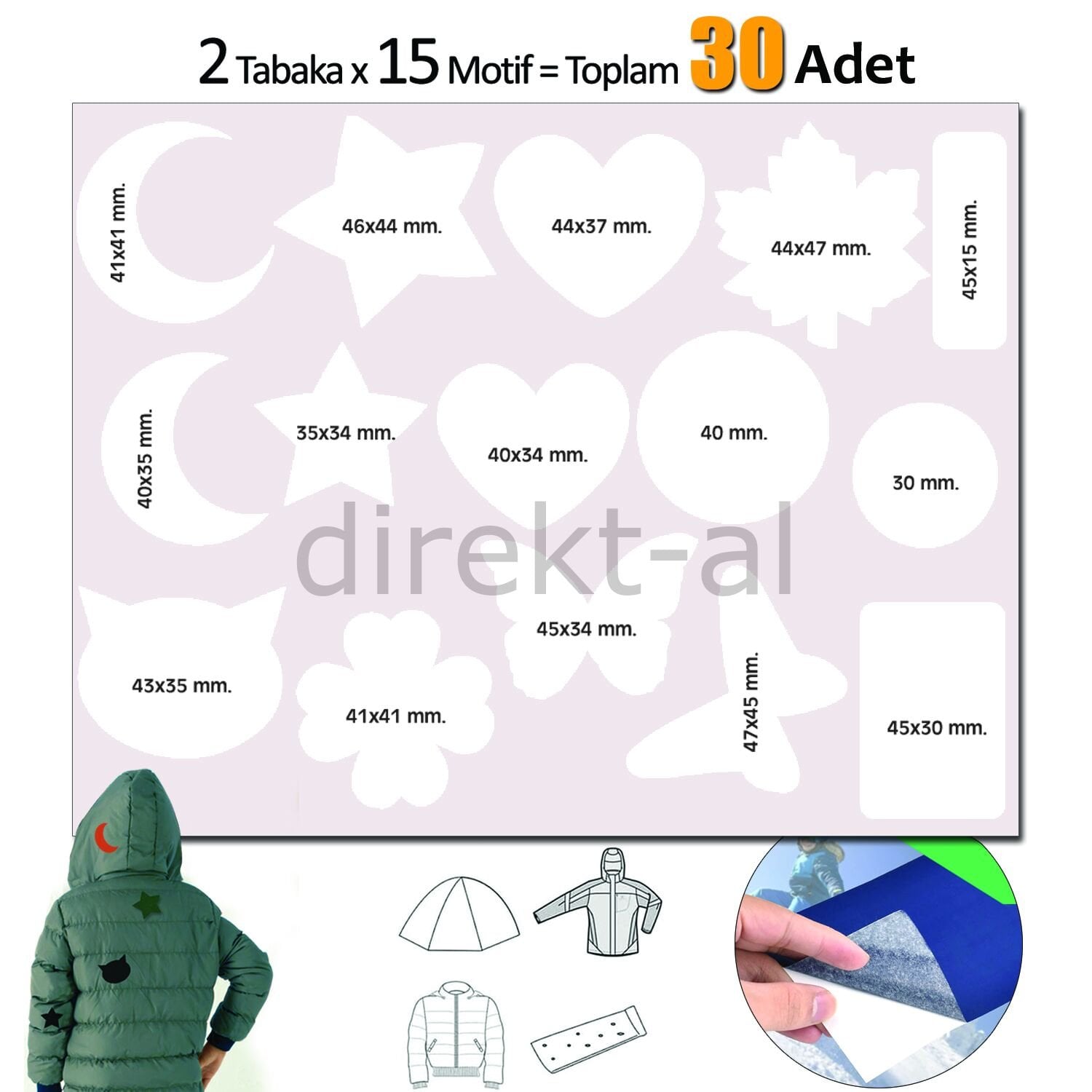 Yapışkanlı Polyester Kumaş Çeşitli Şekillde 30 adet Mont Şemsiye Aksesuar Yama Beyaz