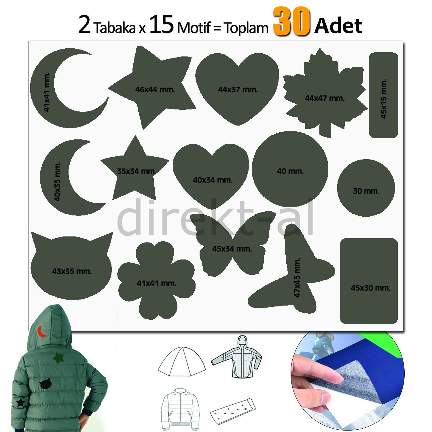 Yapışkanlı Polyester Kumaş Çeşitli Şekillde 30 adet Mont Şemsiye Aksesuar Yama Haki