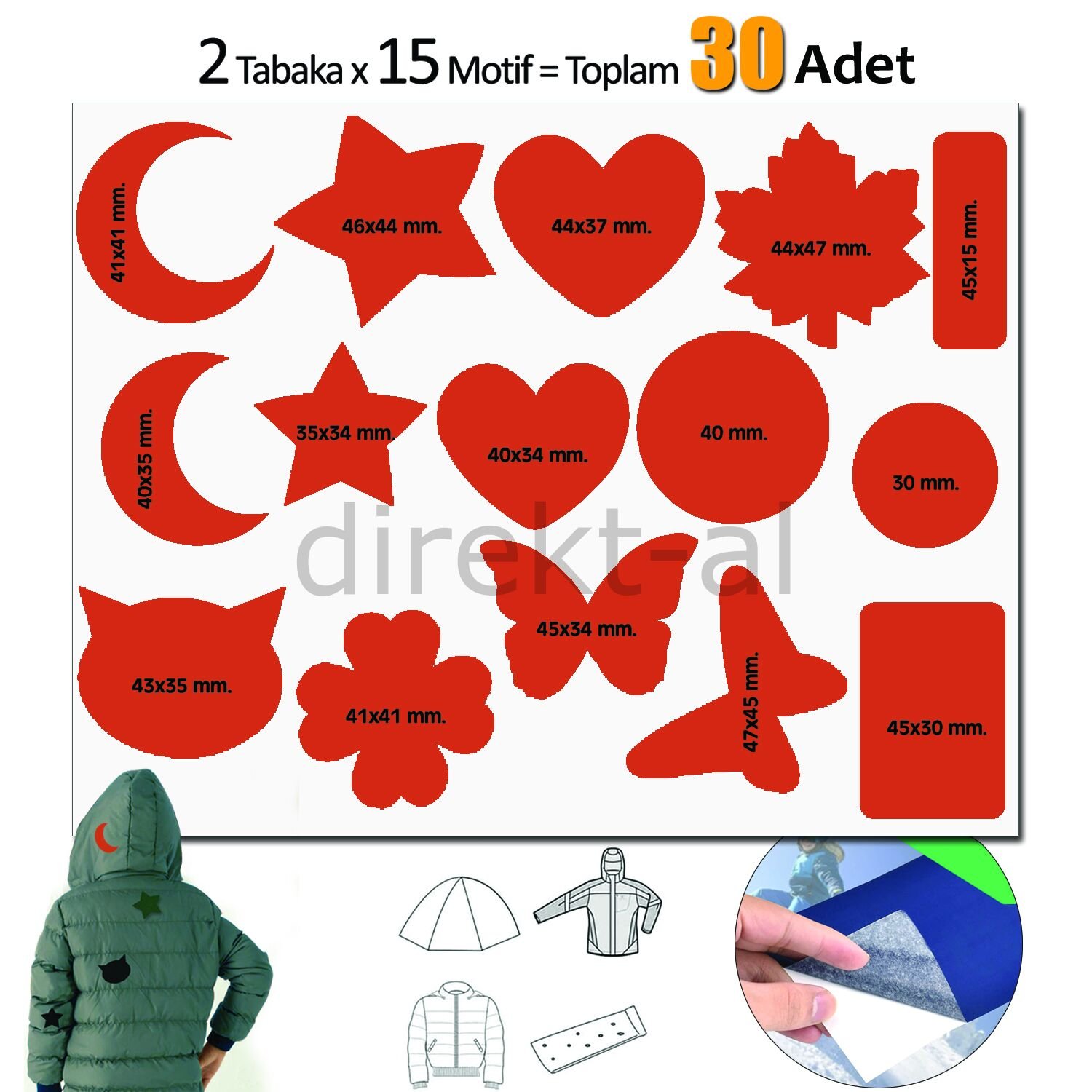 Yapışkanlı Polyester Kumaş Çeşitli Şekillde 30 adet Mont Şemsiye Aksesuar Yama Turuncu